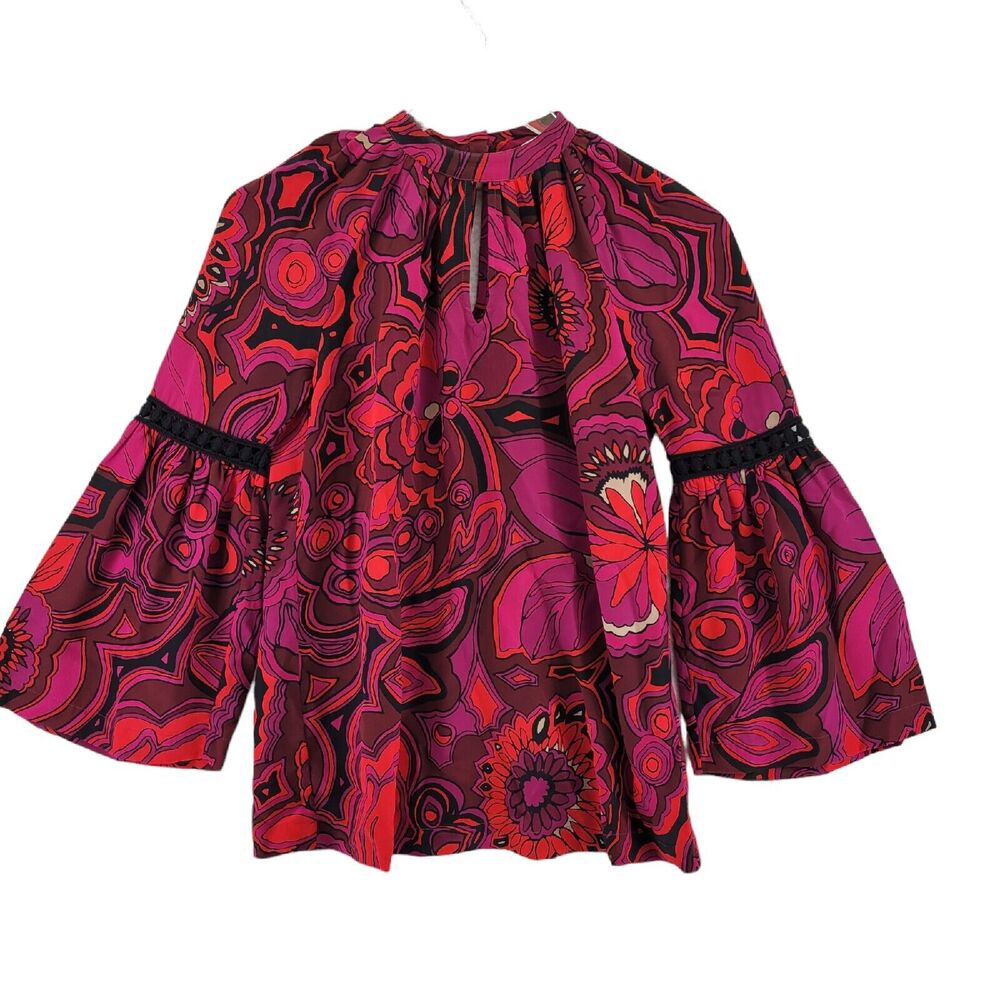 Trina Turk Brinley Floral Silk Blouse Colorful Keyhole Sz XS Red Fuschia Groovy
